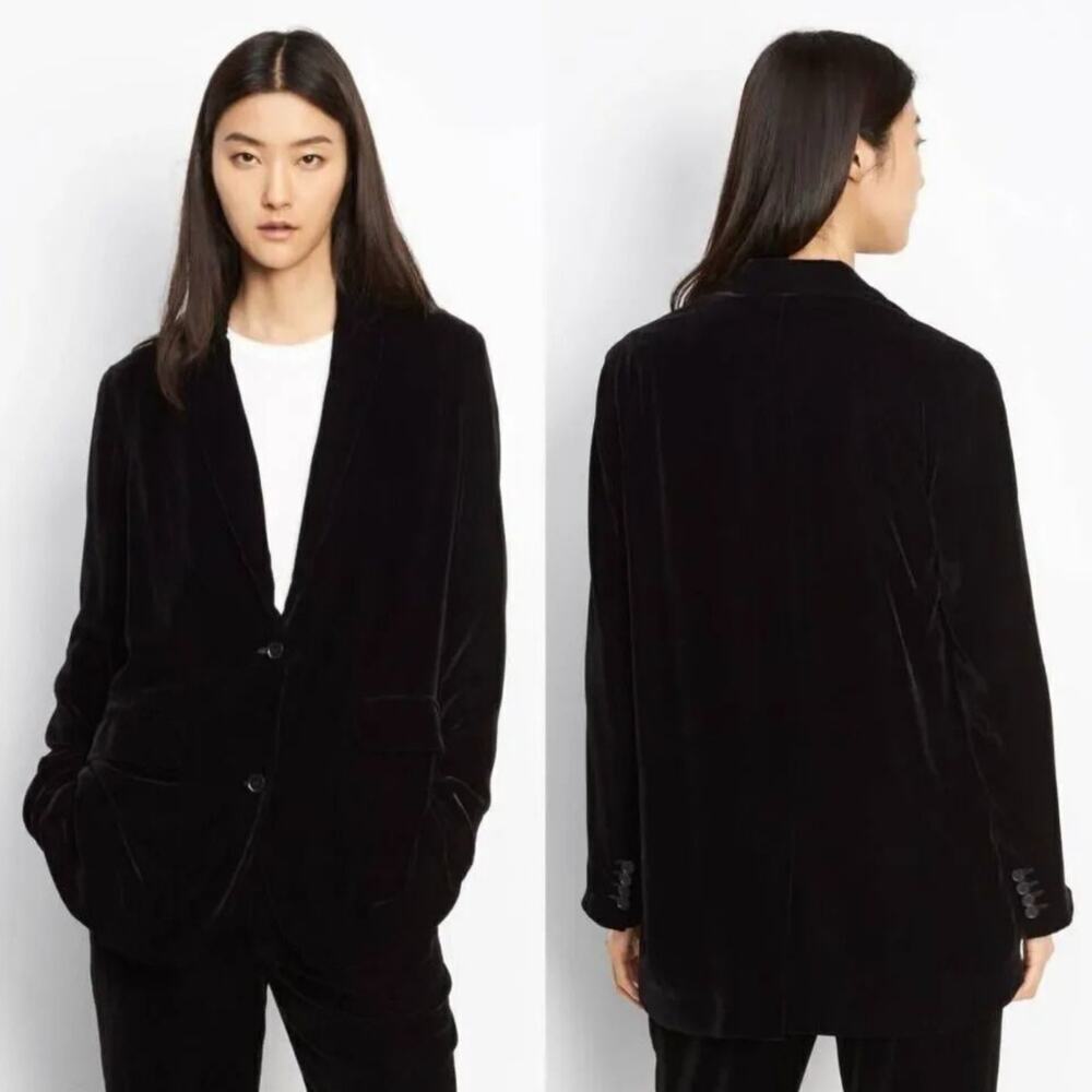 Vince Black Soft Silk Blend Velvet Boyfriend Two Button Relaxed Blazer 6